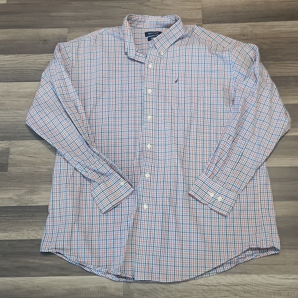 Nautica  Orange Blue Plaid Longsleeve Button-down Shirt Size  17 1/2  34/35
